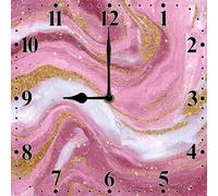 Vdenvileye Pink Gold Marble Pattern Wall Clock 25cm Square Wooden Modern Minimalist Clock Silent Non-tickling Battery Powered for Farmhouse Bedroom Bathroom Living Room Kitchen Wall Decoration