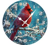Vdenvileye Red Sparrow Wall Clock 25cm Wooden Round Modern Art Clock Silent Battery Powered for Bathroom Bedroom Kitchen Living Room Office Decoration
