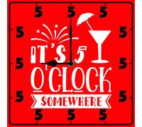 Vdenvileye Red Wall Clock It is 5 O'Clock Somewhere. 25cm Wooden Square Modern Art Clock Silent with No Chit-Jump Battery Powered for Bathroom Bedroom Kitchen and Living Room Wall Decoration