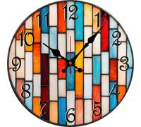 Vdenvileye Round Wall Clocks Colorful Stained Glass Window Pattern Wood Quartz Battery Operated Rustic Home Decor Handing Clocks for Living Room Kitchen Bedroom Bathroom Large Numbers Silent -12 Inch