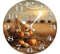 Vdenvileye Rustic Fall Harvest Wall Clock 25cm Wooden Round Farmhouse Style Clock Silent and Non-Tickling Battery Powered for Living Room Kitchen Bedroom Bathroom Wall Decoration (Style 5)