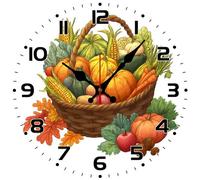 Vdenvileye Rustic Fall Harvest Wall Clock 25cm Wooden Round Farmhouse Style Clock Silent and Non-Tickling Battery Powered for Living Room Kitchen Bedroom Bathroom Wall Decoration (Style 2)