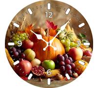 Vdenvileye Rustic Fall Harvest Wall Clock 30cm Wooden Round Farmhouse Style Clock Silent and Non-Tickling Battery Powered for Living Room Kitchen Bedroom Bathroom Wall Decoration (Style 1)