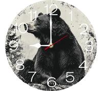 Vdenvileye Rustic Mountain Bear 10 inch Silent Non-Ticking Round Wooden Wall Clocks Battery Operated Quartz Analog Handing Clock for Bedroom Bathroom Kitchen Kids Living Room Decor
