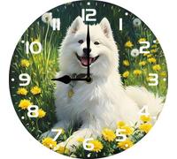 Vdenvileye Samoyed Dog Clocks 25cm Wooden Round Living Room Decor Silent Non-ticking Battery Powered for Living Room Bathroom Kitchen Dog Lovers Office