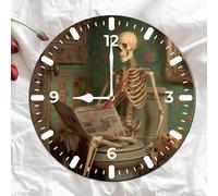 Vdenvileye Skeleton Toilet Reading Newspape Wall Clock 30cm Wooden Round Clock for Bathroom Decoration Silent Non-ticking Battery Operated for Bathroom Kitchen Living Room and Bedroom