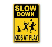 Vdenvileye Slow Down Kid at Play Sign 14×20cm Sturdy Aluminum Metal Signs Rust Free Metal Wall Decor for Yard Backyard Porch Patio