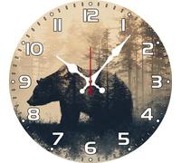 Vdenvileye Soliyoahee Log Cabin Bear Pattern Wall Clock 10inch Wooden Round Country Rustic Style Clock Silent Non-Ticking Battery Operated for Farmhouse Bathroom Bedroom Wall Decor