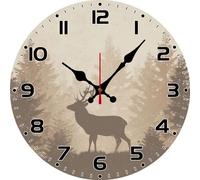 Vdenvileye Soliyoahee Log Cabin Deer Pattern Wall Clock 10inch Wooden Round Country Rustic Style Clock Silent Non-Ticking Battery Operated for Farmhouse Bathroom Bedroom Wall Decor