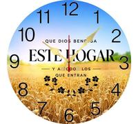 Vdenvileye Spanish Bless This Home Wall Clock - Que Dios Bendiga Este Hogar Decor Spanish Quote Christian Gifts 25x25 CM Battery Operated Silent Non-Ticking