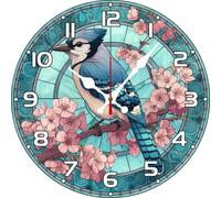 Vdenvileye Stained-Glass Style Blue Jay Wall Clock 30cm Round Wooden Modern Art Clock Silent Non-Ticking Battery-Operated for Bathroom Bedroom Living Room Kitchen Office Wall Decor
