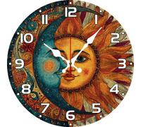 Vdenvileye Sun Moon Bohemian Wall Clock 25cm Wooden Round Vintage Clock Silent Battery Powered for Bathroom Bedroom Living Room Office Wall Decoration
