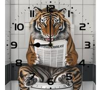 Vdenvileye Tiger On Toilet Clock 25cm Wooden Square Wall Clock Bathroom Decoration Silent No Tick Battery Powered for Bathroom Living Room Kitchen Toilet
