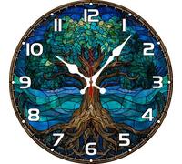 Vdenvileye Tree of Life Wall Clock 25cm Wooden Round Modern Art Clock Silent Non-tickling Battery Powered for Bathroom Bedroom Living Room Kitchen Office Wall Decoration (Style 13)