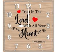 Vdenvileye Trust In The Lord With All Your Heart Wall Clock 25cm Wooden Square Christian Clock Silent, No Tick Battery Powered for Bathroom Bedroom Living Room Kitchen Wall Decoration (Style 2)