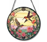Vdenvileye Two Bird Stained Glass Window Hanging 7.8 Inch, Stained Glass Suncatcher with Floral Design, Window Decor Panel for Home, Kitchen, Bedroom, Unique Gift for Women, Nature Lover