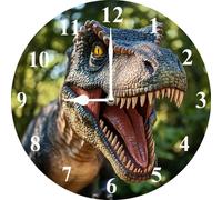 Vdenvileye Tyrannosaurus Rex Clock 25cm Wooden Round Home Decor Wall Clock Silent Non-tick Battery Powered for Kitchen Living Room Bathroom