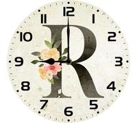 Vdenvileye Vintage Monogram Letter S Wood Wall Clocks Flower Frameless Battery Operated Silent Quartz 25cm Alphabet Letters Shabby Chic Clock for Living Room Office Home Kitchen Bathroom