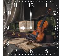 Vdenvileye Violin Clock 25cm Wooden Square Modern Minimalist Wall Clock Silent No Tick Battery Powered for Bedroom Kitchen Bathroom Living Room or as a Gift for Music Lovers