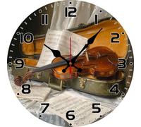 Vdenvileye Violin Wall Clock 30cm Wooden Round Musical Instrument Clock Silent Battery Powered for Bathroom Bedroom Music Room or as a Gift for Music Lovers