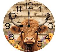 Vdenvileye Wall Clock,Cow With Horns And Flowers Kitchen Decor and Accessories, Decorative Battery Operated Clocks for Living Room Bedroom Bathroom Farmhouse, 10 Inch