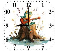 Vdenvileye Wall Clock Frog Playing Guitar 25cm Wooden Square Funny Clock Silent Non-Tick Battery Powered for Bathroom Bedroom Living Room Kitchen Wall Decoration