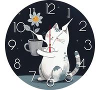 Vdenvileye Wall Clocks Battery Operated, Cute Cat Holding Flower Cup Silent Non Ticking Decorative Indoor Outdoor Wall Clocks for Living Room Kitchen Bedroom Bathroom 12"