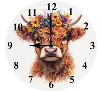 Vdenvileye Wall Clocks Cute Highland Cow Wall Clocks Flower Watercolor Battery Operated Wall Clock Silent Non-Ticking Decorative for Home Kitchen Bathroom Living Room Office 25cm