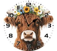 Vdenvileye Watercolor Highland Cow Wall Clock Silent Non-Ticking Round Wooden Wall Clocks Battery Operated Quartz Analog Clock for Bedroom Bathroom Kitchen Room Decor Housewarming Gift 25cm