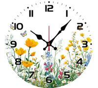 Vdenvileye Wildflower and Butterfly Wall Clock 25cm Wooden Round Modern Art Clock Silent No Tick-Tock Battery Powered for Bathroom Bedroom Kitchen Living Room Wall Decoration (Style 4)