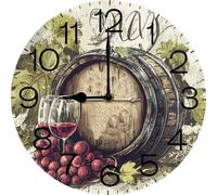 Vdenvileye Wine Cheese Barrel Wall Clocks Ripe Grapes Wine Bottles Glasses Wooden 10 Inch Silent Non Ticking Battery Operated Clock Vintage Round Clock for Living Room Bedroom Bathroom Office Decor