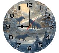 Vdenvileye Winter Snow Wolf Clock 25cm Wooden Round Silent Wall Clock Winter Decoration Battery Powered for Bathroom Living Room Kitchen Bedroom Decoration