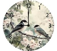 Vdenvileye Wood Wall Clock Rustic Country Silent Non-Ticking 10 Inch Two Birds Flower Round Clocks Battery Operated for Living Room Kitchen Bedroom Bathroom Office Home School Decor