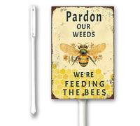 Vdenvileye Yard Sign Pardon The Weeds We Are Feeding The Bees With Stake Sturdy Aluminum Signs 7x8.8inch Rustproof Aluminum Sign Privacy for Lawn Yard Garden Decor, Easy to Install, Outdoor Use