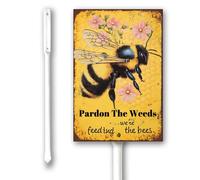 Vdenvileye Yard Sign Pardon The Weeds We Are Feeding The Bees With Stake Sturdy Aluminum Signs 8x12inch Rustproof Aluminum Sign Privacy for Lawn Yard Garden Decor, Easy to Install, Outdoor Use
