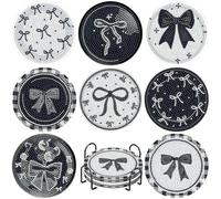 VDESFUEBY 8 Pcs Diamond Painting Coasters, Black Bow Diamond Art Coasters, 5D DIY Full Drill Diamond Dots, Gem Art Kits for Adults