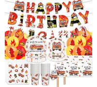 VDESFUEBY 87Pcs Firetruck Birthday Decorations Tableware Fire Truck Birthday Decoration Set Include Balloon, Banner, Tablecloth, Tissues, Plates, Cups Fireman Party Decorations Serve 16