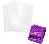 VDL Pack of 25 Cello Treat Bags with Metallic Twist Ties, 3 x 5 Inch Cellophane Sweet Bags for Gift, Party Favour, Candies, Chocolates, Wax Melts (Metallic Purple)