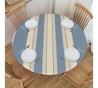 VducK Blue Beige Stripe Printed Round Fitted Tablecloth with Elastic Edge Waterproof Elastic Fitted Table Covers Round Tables for Dinner Outdoor Picnic Flowers