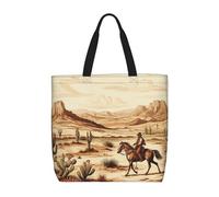 VducK Canvas Tote Bag For Women Reusable Grocery Bags Portable Shopping Bags Cactus with Cowboys Horses Shoulder Bag