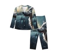 VducK Pyjamas for Women Wolf at Night Pjs Set Soft Button Up Pajama Set Long Sleeve Shirt and Pajama Pants Lounge Sets S-XXL Black