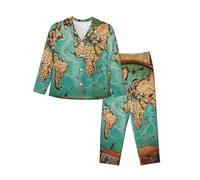 VducK Pyjamas for Women World Map Pjs Set Soft Button Up Pajama Set Long Sleeve Shirt and Pajama Pants Lounge Sets S-XXL Black