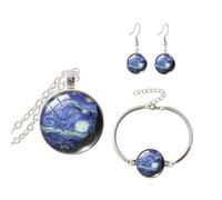 vdwv 3PCS Necklace Set Colorful Van Gogh Starry Night Sunflower Earrings Sky Painting Necklace Bracelet Art Jewelry Set Artistic Painting Dangle Earrings Bracelet Set Jewelry for Women, Glass, No