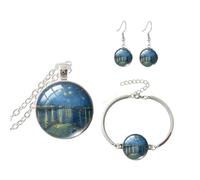 vdwv 3PCS Necklace Set Colorful Van Gogh Starry Night Sunflower Earrings Sky Painting Necklace Bracelet Art Jewelry Set Artistic Painting Dangle Earrings Bracelet Set Jewelry for Women, Glass, No