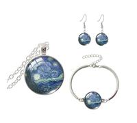 vdwv 3PCS Necklace Set Colorful Van Gogh Starry Night Sunflower Earrings Sky Painting Necklace Bracelet Art Jewelry Set Artistic Painting Dangle Earrings Bracelet Set Jewelry for Women, Glass, No