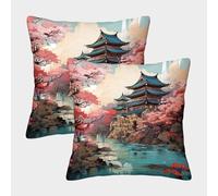 VDYNDYIW 3D Printed Landscape Painting Throw Pillow Covers Japanese Style Square Cushion Cover Decorative Super Soft Pack of 2 for Patio,Couch, Tent, Balcony And Sofa 50x50cm