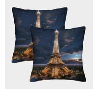 VDYNDYIW 3D Printed Paris At Night Square Pillowcases Eiffel Tower Square Throw Pillow Decorative Super Soft Pack of 2 Home Decor for Sofa Bedroom 45x45cm