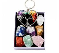 VDYXEW Healing Crystals Set in Gift Box - 7 Chakra Tumbled Gemstones and Tree of Life Keyring, Natural Crystal for Beginners, Crystals Gifts for Women (Raw Stones Set)