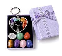 VDYXEW Healing Crystals Set in Gift Box - 7 Chakra Tumbled Gemstones and Tree of Life Keyring, Natural Crystal for Beginners, Crystals Gifts for Women (Tumbled Stones Set)