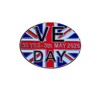 VE Day 80 Years Commemorative Oval Hard Enamel Pin Badge - Gold-Plated, 25x19mm, Butterfly Clasp